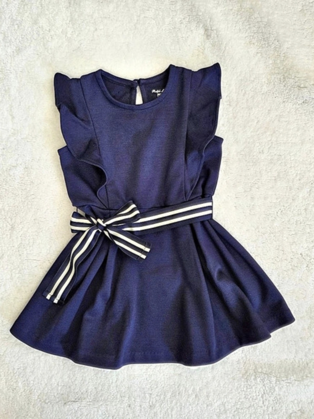 Ralph Lauren Baby Girl Navy Ruffle Fit & Flare Dress with Striped Belt 9M VGUC